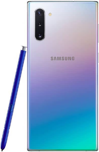 Rear view of Samsung Galaxy Note10 showing gradient back, triple cameras, LED flash, S Pen stylus beside device, and centered logo.