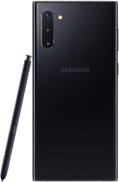 Rear view of black Samsung Galaxy Note10 with S Pen, showing dual rear cameras, LED flash, and centered Samsung logo.