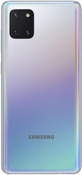 Samsung Galaxy Note10 Lite rear view, gradient white to blue finish with black camera module