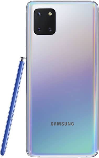 Samsung Galaxy Note10 Lite rear view, showing quad camera setup, gradient white-to-purple-to-blue finish, with blue stylus beside it