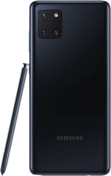 Samsung Galaxy Note10 Lite rear view, black, showing quad camera array and stylus beside device