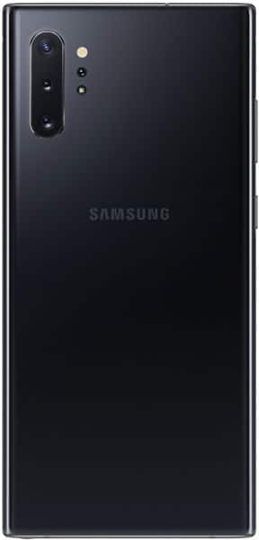 Samsung Galaxy Note10+ rear view, black, showing triple camera system and Samsung logo