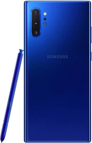 Samsung Galaxy Note10+ 5G rear view in blue with triple camera setup and S Pen stylus