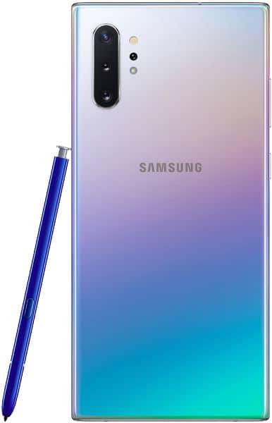 Samsung Galaxy Note10+ rear view with gradient finish from white to blue, showing camera array and S Pen stylus alongside
