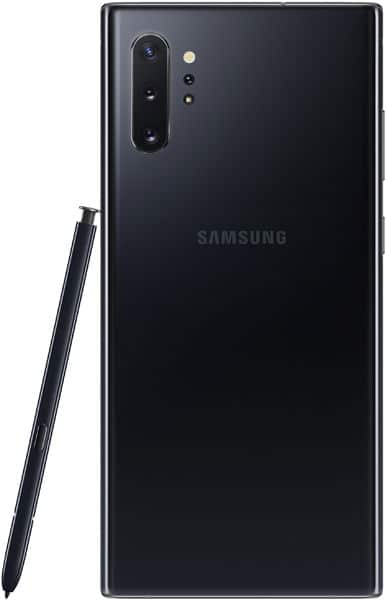 Samsung Galaxy Note10+ rear view in black with stylus, showing camera array and Samsung branding