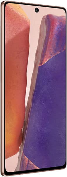 Samsung Galaxy Note20 front view with colorful gradient wallpaper displayed on screen