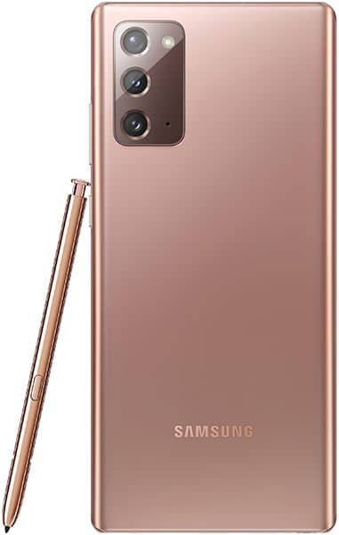 Samsung Galaxy Note20 rear view in rose gold with triple camera array and S Pen stylus