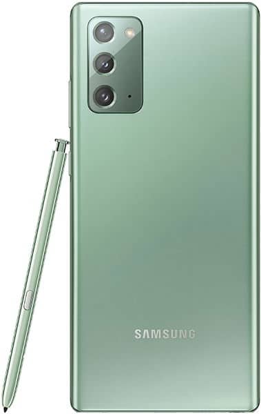 Samsung Galaxy Note20 rear view in mint green with triple camera setup and S Pen stylus