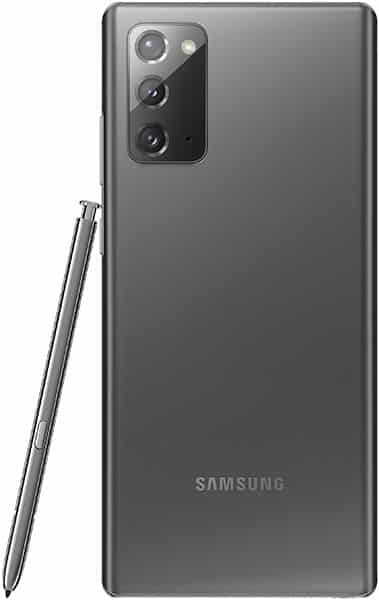 Samsung Galaxy Note20 rear view in gray, showing triple camera array and stylus alongside device