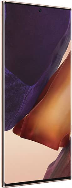 Samsung Galaxy Note20 Ultra front view with dark purple and bronze gradient display showing home screen