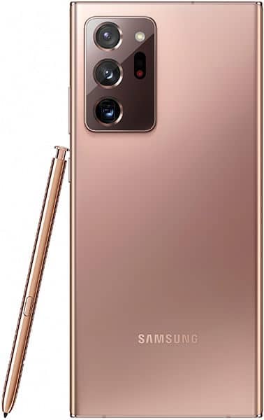 Samsung Galaxy Note20 Ultra rear view in rose gold, showing triple camera system and S Pen stylus