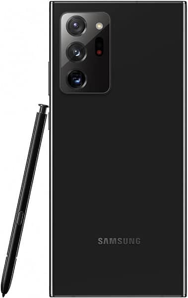 Samsung Galaxy Note20 Ultra rear view, showing triple camera setup and S Pen stylus beside the black phone