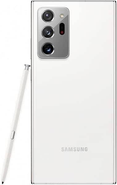 Samsung Galaxy Note20 Ultra rear view in white, showing triple camera system and S Pen stylus
