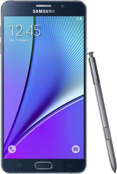 Samsung Galaxy Note5 front view with stylus on the right, screen showing 12:45, 13 August, blue-purple gradient wallpaper.