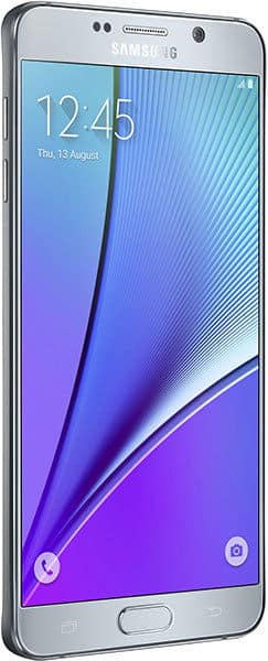 Samsung Galaxy Note5 front view with large display, home button, 12:45 time, August 13 date, and visible app icons.