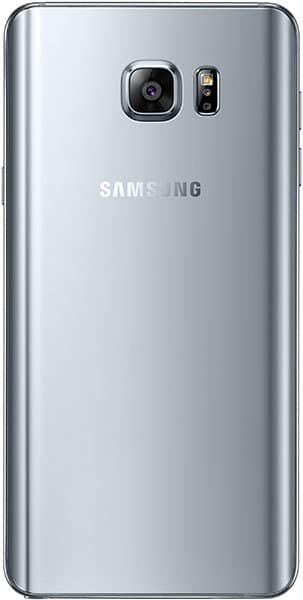 Rear view of silver Samsung Galaxy Note5 showing camera, LED flash, and centered Samsung logo below the camera module.