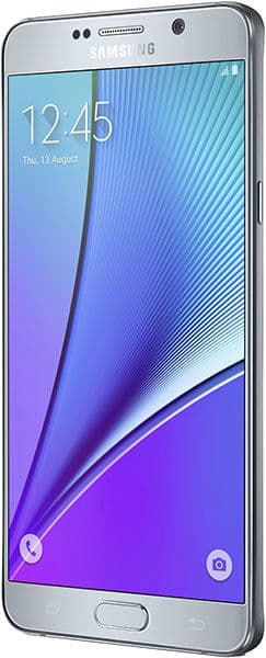 Front angled view of silver Samsung Galaxy Note5 showing screen, home button, and front camera, with time 12:45 and date.