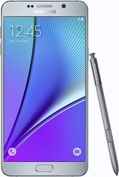 Front view of Samsung Galaxy Note5 with stylus beside it; lock screen shows 12:45, Aug 13, and phone/camera app icons.
