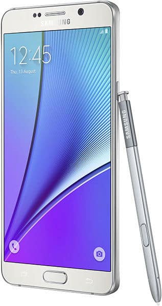 Front view of silver Samsung Galaxy Note5 upright with stylus, screen showing 12:45, August 13, and abstract wallpaper.
