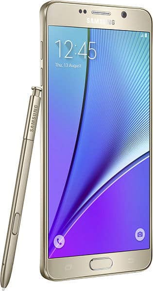 Front view of gold Samsung Galaxy Note5 with stylus beside it; screen shows 12:45, August 13, blue-purple wallpaper.