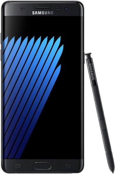 Samsung Galaxy Note7 front view with stylus, black smartphone displaying blue diagonal lines on screen