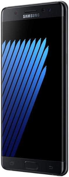 Samsung Galaxy Note7, front view, displaying blue diagonal stripe pattern on screen, black device against white background