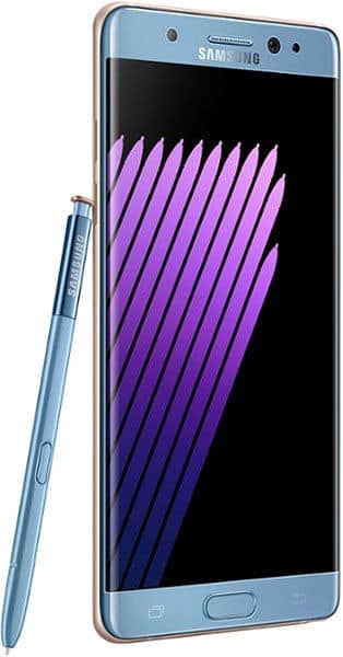 Samsung Galaxy Note7 front view in blue with stylus beside it, displaying purple striped pattern on screen