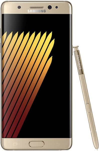 Samsung Galaxy Note7 front view with stylus, gold color, displaying diagonal striped design on screen