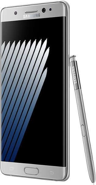 Samsung Galaxy Note7 front view with S Pen stylus, silver finish, displaying diagonal stripe pattern on screen