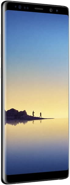 Samsung Galaxy Note8 front view displaying landscape photo on screen with silhouetted figures at sunset over water