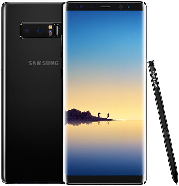 Samsung Galaxy Note8 front and rear view in black with stylus, displaying sunset landscape scene on screen