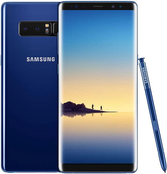 Samsung Galaxy Note8 in deep blue, shown front and rear view with S Pen stylus, displaying scenic sunset landscape on screen