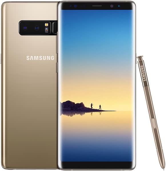Samsung Galaxy Note8 in champagne gold, shown front and rear with stylus, displaying sunset landscape on screen