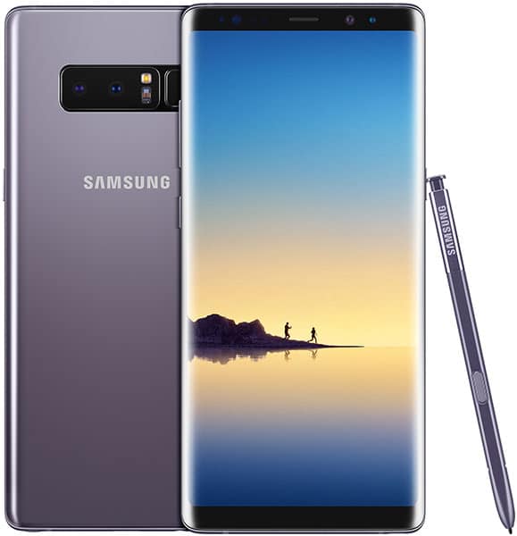 Samsung Galaxy Note8 front and rear view in lavender, with S Pen stylus, displaying landscape scene on screen