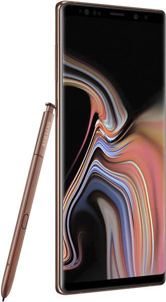Front view of Samsung Galaxy Note9 upright, large display on, with bronze S Pen resting against the right side.