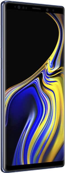 Samsung Galaxy Note9, slight left front angle, slim dark frame, large edge-to-edge display with colorful abstract swirl pattern.