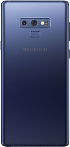 Rear view of dark blue Samsung Galaxy Note9 with dual cameras, fingerprint sensor, LED flash, and Samsung logo.