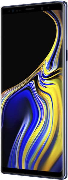 Front view of black Samsung Galaxy Note9 showing large display with blue, yellow, and black swirl; thin bezels, curved edges.