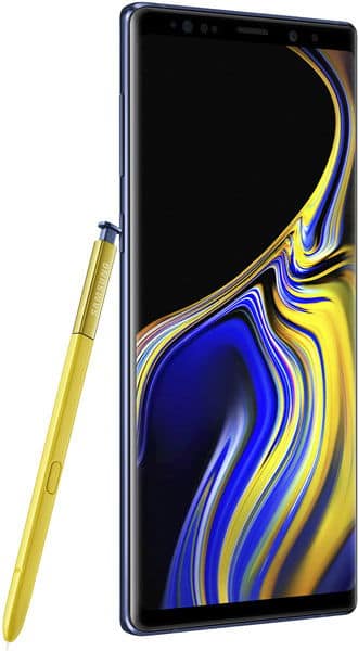 Samsung Galaxy Note9 angled front view with yellow stylus beside it; screen shows blue, yellow, and black abstract design.