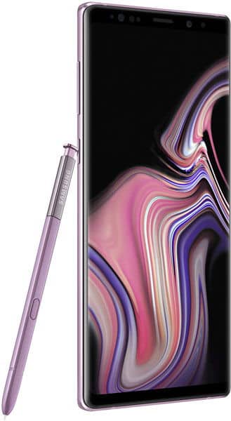 Front view of a purple Samsung Galaxy Note9 upright with S Pen, showing abstract swirl wallpaper on the display.