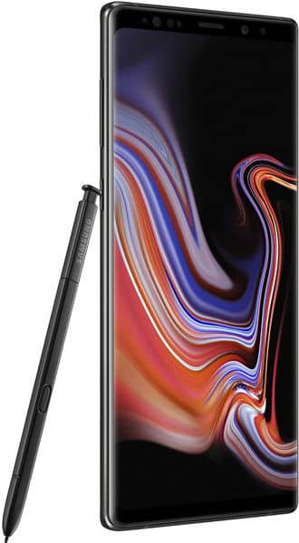 Front view of black Samsung Galaxy Note9 with stylus resting on left side, display shows red, blue, and white abstract swirls.