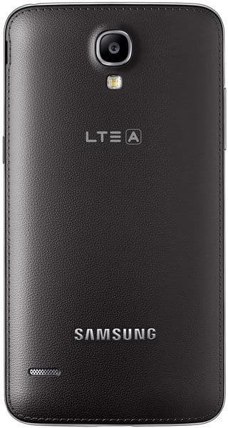 Samsung Galaxy Round rear view, black leather back with camera and LED flash centered, Samsung and LTEA branding visible