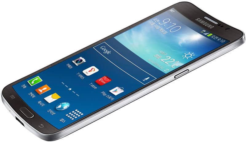 Samsung Galaxy Round front view, displaying home screen with app icons and weather widget showing 22°C