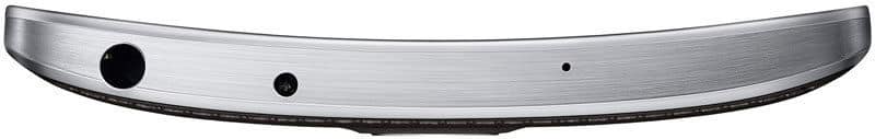 Samsung Galaxy Round curved top edge view showing brushed metal finish and speaker openings