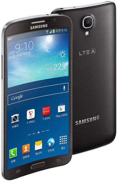 Samsung Galaxy Round smartphone displayed front and rear, showing curved black design with blue lock screen displaying weather and time, home screen with app icons, camera lens, and Samsung branding