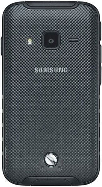 Samsung Galaxy Rugby Pro rear view, dark gray textured back with camera and speaker visible