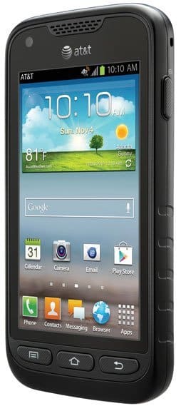 Samsung Galaxy Rugby Pro front view with homescreen displaying time, weather, calendar, camera, email, and Play Store icons