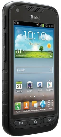 Samsung Galaxy Rugby Pro smartphone, front view, displaying home screen with weather widget and app icons