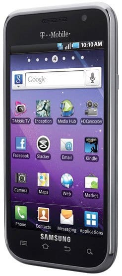 Samsung Galaxy S 4G front view with T-Mobile branding, showing home screen with app icons and Google search bar