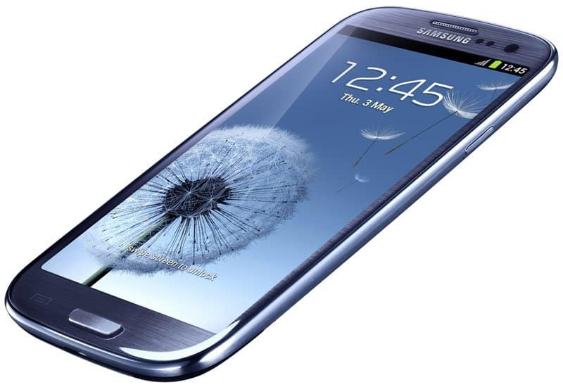 Samsung Galaxy S III front view, showing blue home screen with dandelion wallpaper and time display